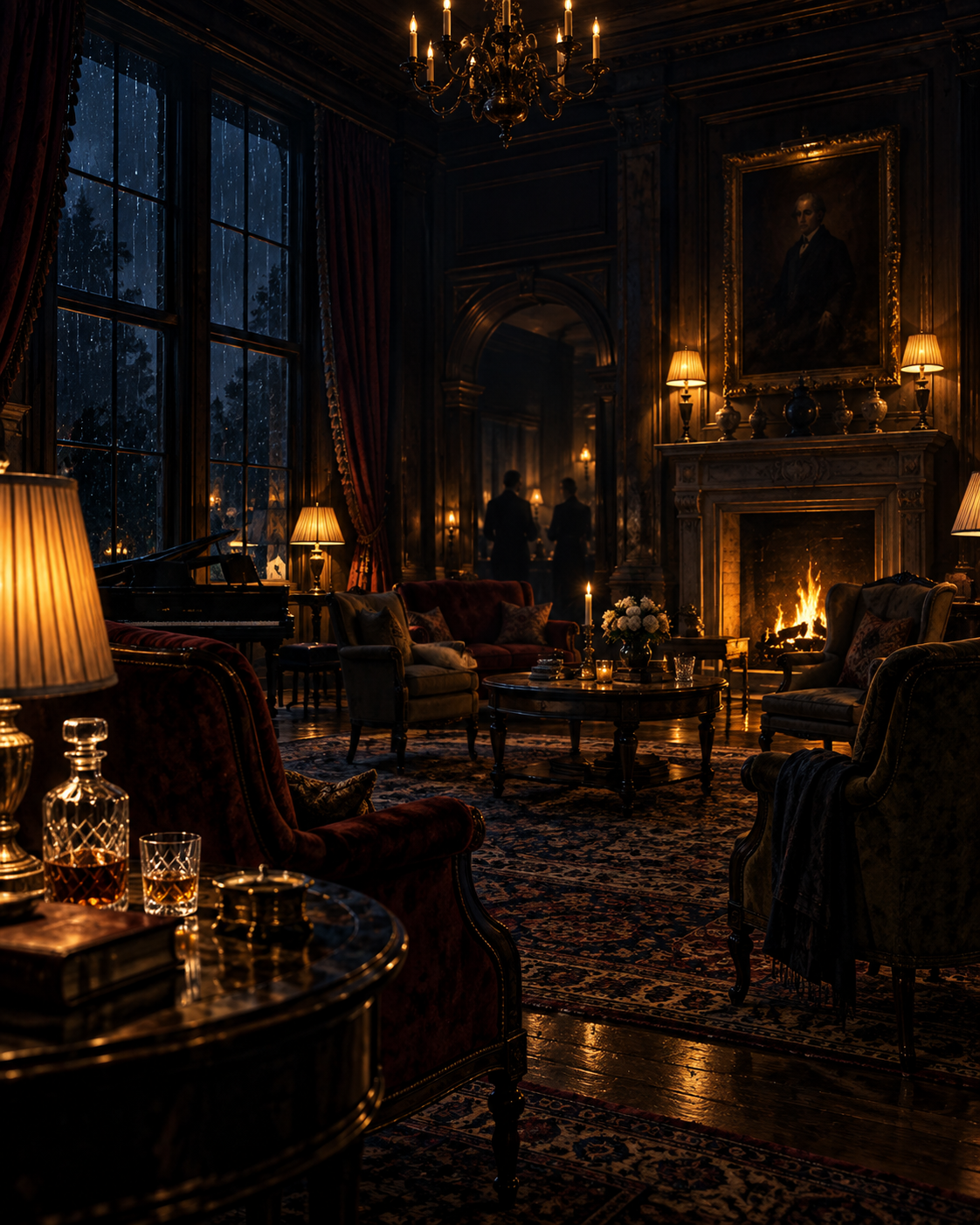 The drawing room of Winslow House at night, lit by a fireplace and lamps as rain falls outside.